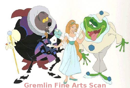 THUMBELINA 1992 Publicity cel of Mr. Mole, Berkeley Beetle, Thumbelina and Mr. Frog.