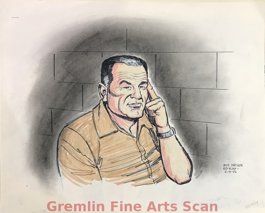 Chowchilla Bus Kidnapping Trial  1976  Sketch of bus driver, Ed Ray.  He was responsible for saving