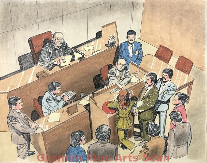 Lynette "Squeaky" Fromme 1975 Here is an overhead view, through the eyes of sketch artist, Bill Lignante of the courtroom and all the major players, including Lynette "Squeaky" Fromme, her legal team, and members of the prosecution for the Government, the judge and Court officer. Mr. Lignante often said he reported the news as if he was a fly on the wall during the trial. He would have to have been for this scene.