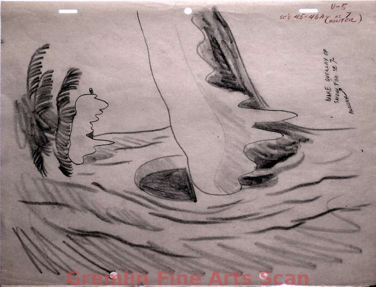 WOODY LAYOUT SC 45 1951 Animation Layout Drawing of Woody Woodpecker’s Tree, Door & Snow-Covered Tree Limb.