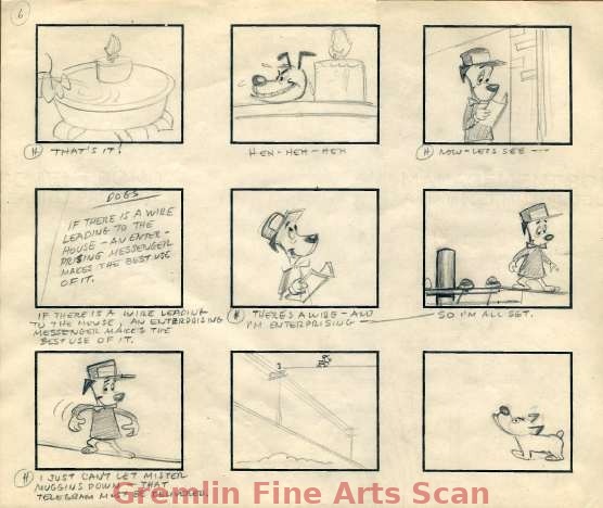 HUCKLEBERRY HOUND 1960 Nine Storyboards for a Huckleberry Hound Cartoon. Production #E-87, Page #6. 5735-HB $300.00 Matted