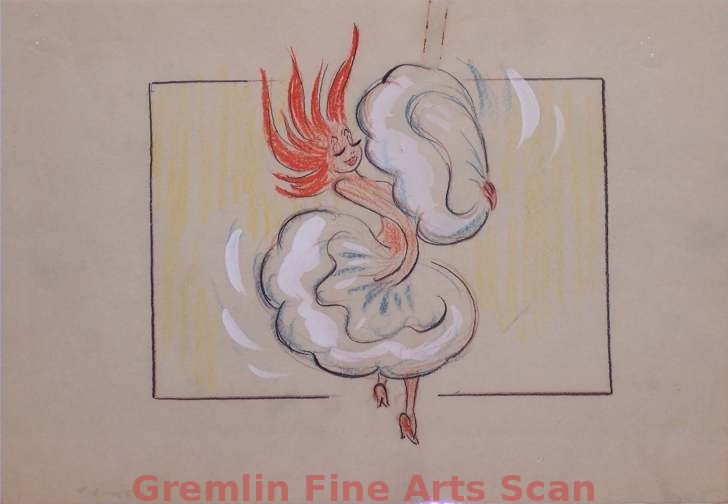 I’LL BE SKIING YA 1947 The Flames Turns into a Beautiful Fan Dancer. Graphite & Crayon with Watercolor on Paper.