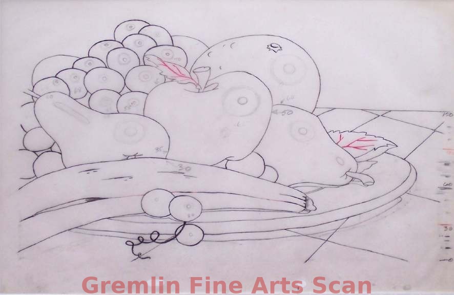 LUMBERJACK RABBIT 1954 Background Layout Depicting the Fruit on the Table in Paul Bunyon’s Home. Pencil on Frosted Cel. From the Collection of Maurice Noble.