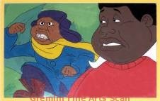 FAT ALBERT AND THE COSBY KIDS 1970’s Multi-Cel Setup of Fat Albert and Dumb Donald Presented on a Watercolor Production Background.