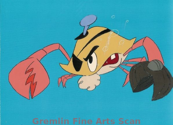 THE NEW ADVENTURES OF MIGHTY MOUSE 1987 Production Cel of the Teen Cool Crab (Complete With Patch on His Eye and Beret) from the Episode “Aqua-Guppy”. Presented on a Color Laser Background.