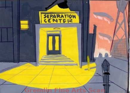 90 DAY WONDERING 1957 Watercolor Background Layout of the Separation Center at Fortitude. This US Army Indoctrination Film was Animated at Warner Bros. and Painted by Maurice Noble. This was part of Mr. Noble’s personal collection. Directed by Chuck Jones, this cartoon used the well known Ralph Phillips as the main character.