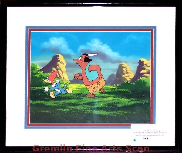 WOODY WOODPECKER 1972 Production cel of Woody Woodpecker being chased by the Indian Brave. Presented on a watercolor production background from a Hanna-Barbera cartoon. Matted Size 16 x 18 Inches. 19726-WL $350.00