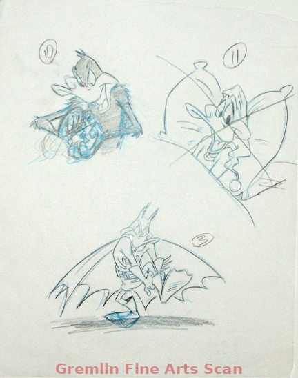 BAT DUCK CONCEPT ART 1990s Original concept art depicting 3 expressive images of Daffy Duck. Final artwork was used to create the Bat Duck Comic spoof on Batman comics.
