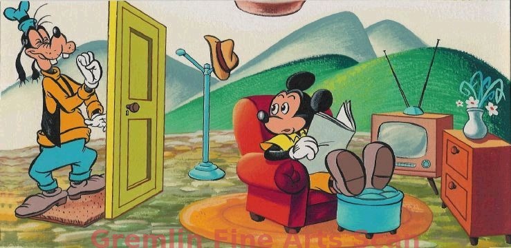 MICKEY MOUSE AND GOOFY 1973 Fantastic original watercolor painting depicting Goofy and Mickey Mouse in a surrealistic scene. This painting was published in Disney’s “Now I Know”, April 28th, 1973. Custom Matted and Framed. Framed to 11 x 16 Inches. 16946-DA $329.00 Framed