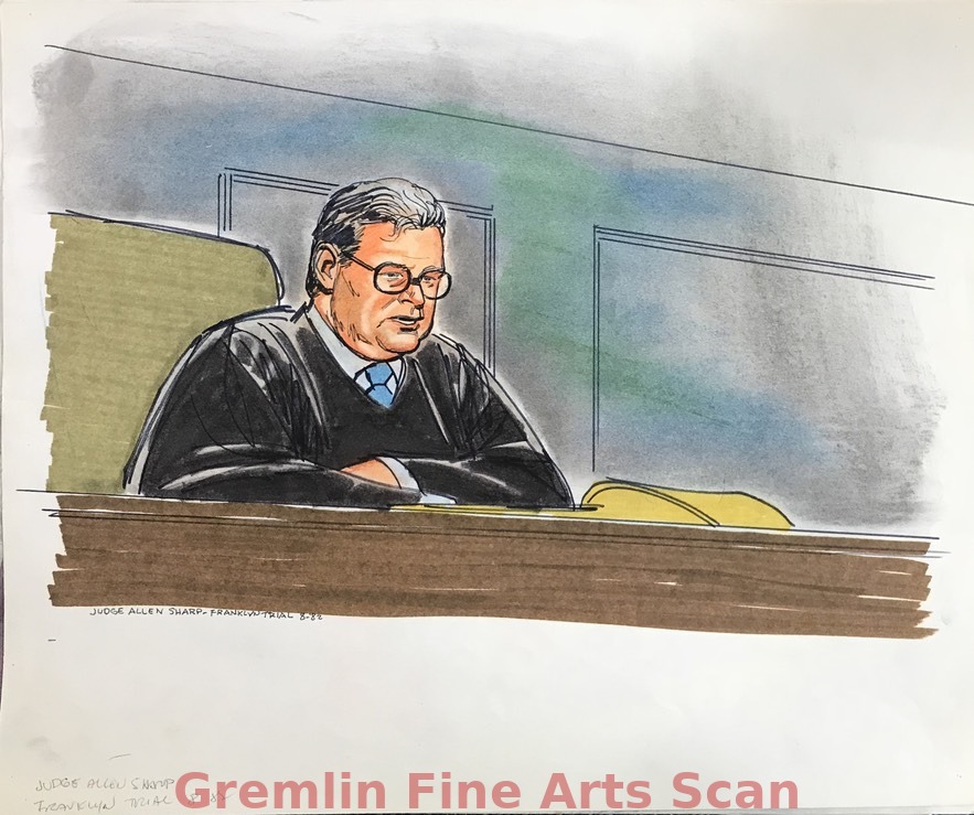 Joseph Franklin - Vernon Jordan 1982 Seated on the bench, Judge Allen Sharp is seen in robes. Sketch by