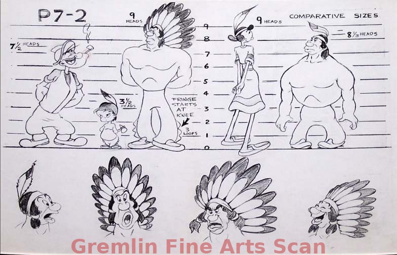 WIGWAM WHOOPEE 1948 Original Studio Print Copy of Popeye Model Sheet. Marked P7-2. Comparative Sizes.