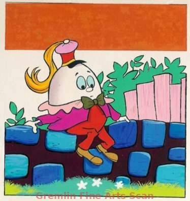 HUMPTY-DUMPTY 1977 Oginal watercolor painting used to illustrate Disney’s “Now I Know” magazine. Pictured here is Humpty-Dumpty sitting on the wall. Matted to 11 1/2 x 11 Inches. 17591-DA $159.00 Framed