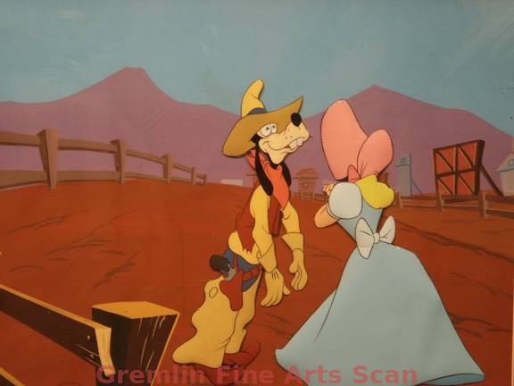 CALIFORNY ‘ER BUST 1945 Production Cel of a Starry-Eyed Goofy After Being Kissed by his Sweetheart. These Cels have been trimmed and placed on a new acetate by a professional restoration artist. Presented on a Production Background.