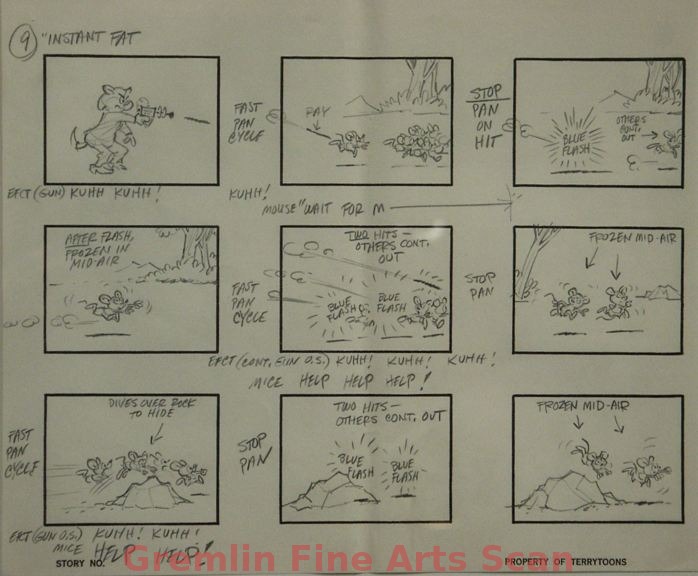 MIGHTY MOUSE - INSTANT FAT   1966   Original Storyboard page consisting of 9 boxes of images with text.  Drawn on Terrytoons Storyboard paper.   Page 9.