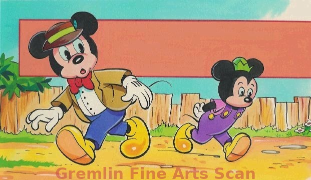 MICKEY MOUSE AND NEPHEW, MORTY 1973 Faantastic watercolor painting depicting Mickey Mouse and his nephew, Morty. This painting was published in Disney’s “Now I Know”, February 10th, 1973. This item has been custom matted and framed.