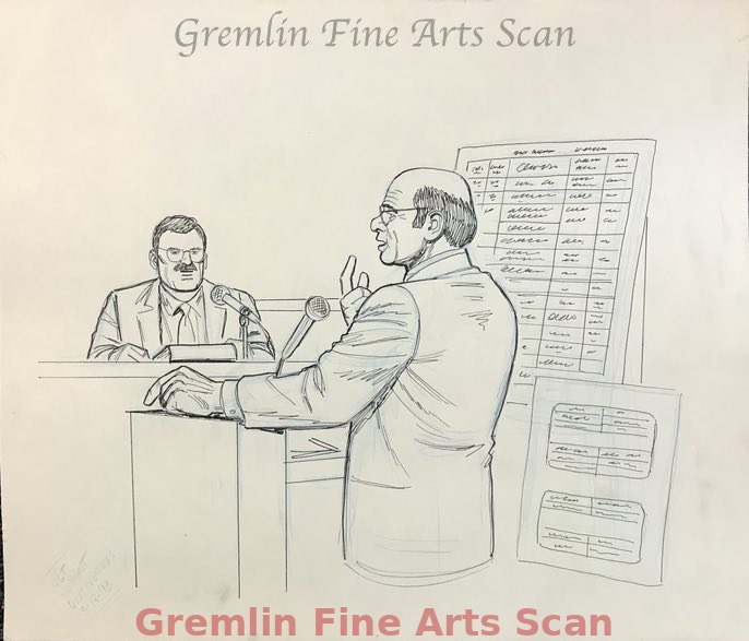 Rodney King Trial 1993 The trial of four police officers for Assaulting Rodney King during a traffic stop and beating him severely was caught on tape. The LAPD already had a reputation for racially motivated beatings, and the Press had a field day covering this trial. Pictured is Braun questioning Sgt. Robert Ontiverous. Sketched by Bill Lignante for ABC News.