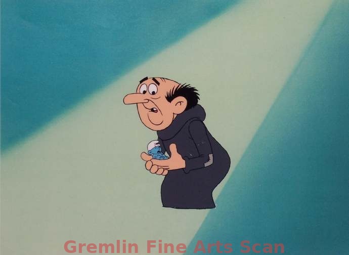 THE SMURFS 1980 Production Cel of Gargamel Holding Baby Smurf in His Hands. Presented on a Color Laser Background.