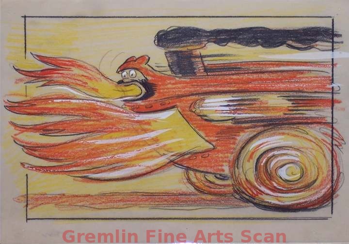 I’LL BE SKIING YA 1947 Bluto Rushes in Breathing Flame Like a Locomotive. Graphite & Crayon with Watercolor on Paper.
