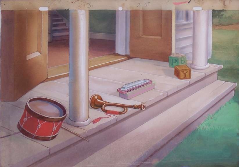 MIGHTY MOUSE 1940’s Watercolor Production Background of a Front Porch, Littered with a Trumpet, a Drum, a Harmonica and Children’s Wood Blocks. Double Doors to the House are Open. Remarkable Example of Early Terrytoons Quality Art. 14476-PT $450.00
