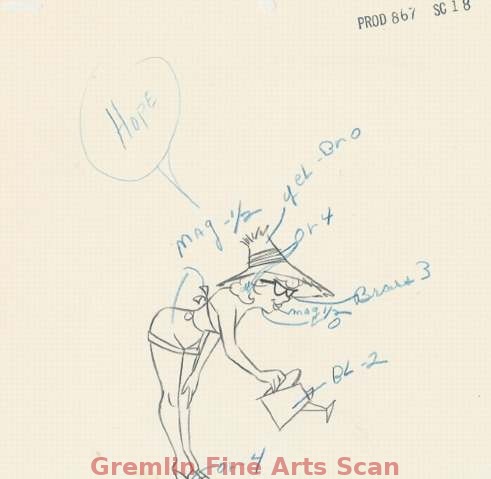 1964 Terrytoons Animation Drawing of Hope with the Watering Can. Color painting instructions on this piece in blue pencil. Production #867