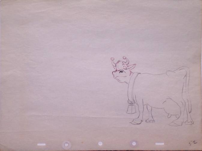 FERDINAND THE BULL 1938 Animation Drawing of a Cow with a Bell Around Her Neck.