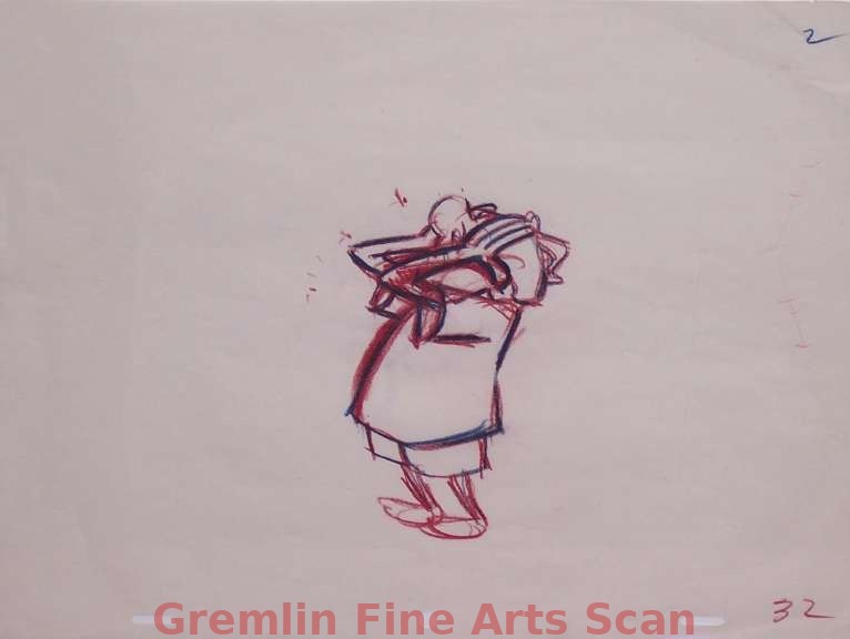 MR. MaGOO 1940’s UPA Animation Drawing of Mr. MaGoo Drawn in Red & Blue Conte Crayon. This is an Animator’s Rough done by Tom McDonald. Ref. #32. 5 1/4 x 3 1/2 Inches. 612-UPA $325.00 Matted