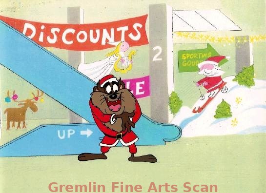 THE TASMANIAN DEVIL 1990’s Production cel of Taz dressed as Santa Claus. Presented on a color laser background.