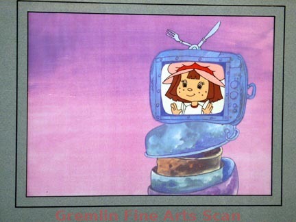 STRAWBERRY SHORTCAKE-WATCHING TV 1975 Production Cel Setup from the Popular 1970’s Strawberry Shortcake TV Show of Strawberry in the TV. Presented on a Color Laser of the Key Master Background.