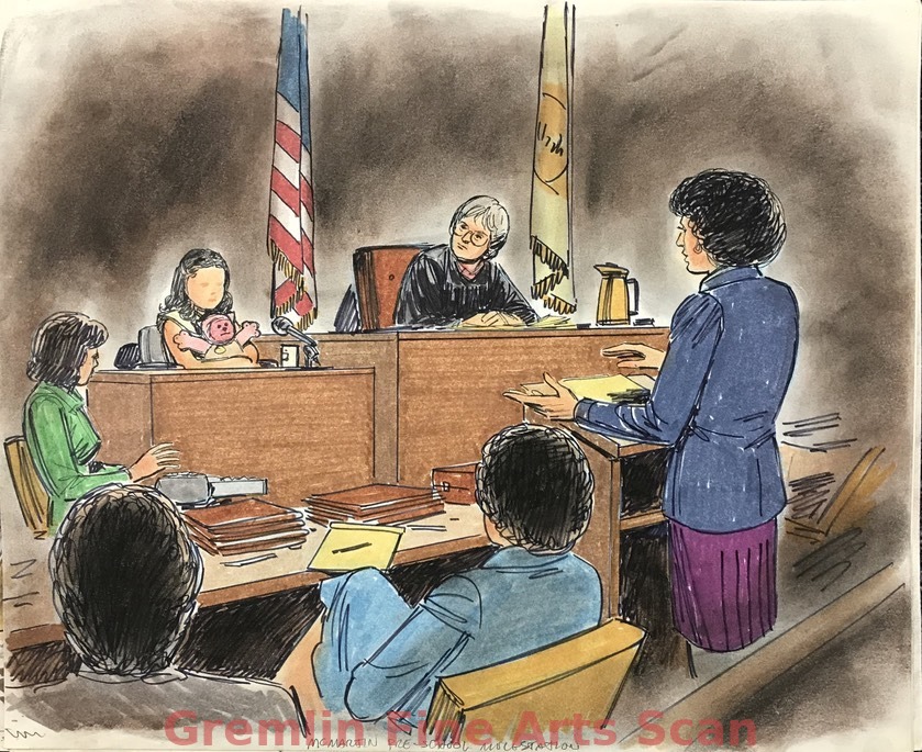 McMartin Molestation Trial    A little girl testifies in this sketch depicting her time on the stand during the McMartin Molestation Trial.  Facial features were not cleaned up to protect the identity of the children during the trial.  This was done just as a blurred image is used on a tv broadcast would have.  The little girl, called Torri for the trial, testified in 1985, during hearings leading up to the trial.  The McMartins were acquitted of all 43 charges.