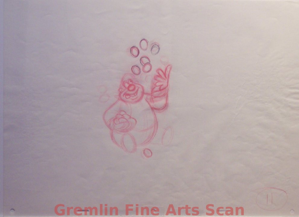BEAUTY AND THE BEAST 1991 Animator’s ruff drawing of Le Feu juggling and drawn in red pencil. Stamped Walt Disney Studios on the rear.