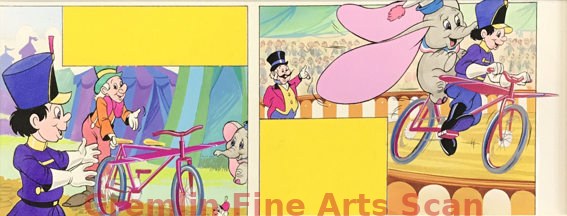DUMBO'S CIRCUS 1977 Two Original Sequential Watercolor Paintings of Dumbo and the Acrobat Performing on the Flying Bicycle. This Piece was Published in the Disney Time Magazine. This piece is custom matted and ready to frame. Matted to 17 1/2 x 9 1/2 Inches. Matted 10872-DA $299.00