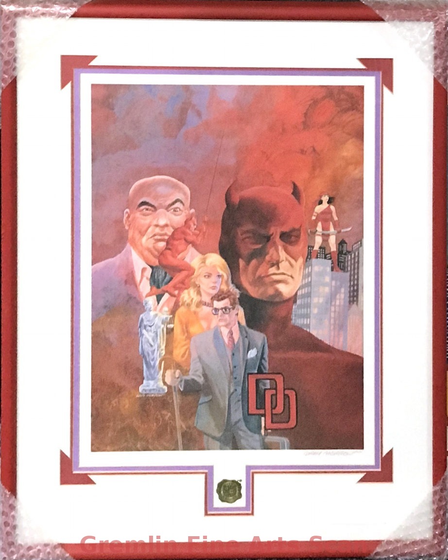 DAREDEVIL MONTAGE 1992 Using the Fiery Hues of Red in this Work, Gray Morrow has Portrayed Some of the Daily Influences on Matt Murdock’s Existence. Edition of 2500, this Lithograph is Signed and Numbered. 23 x 17 Inches. 7720-PSTR $350.00 Framed
