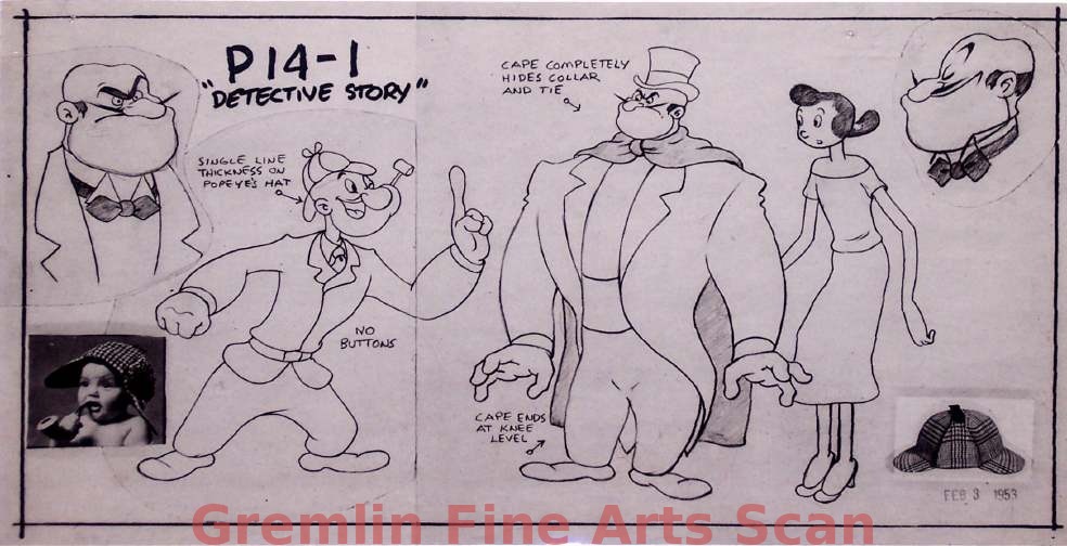 DETECTIVE STORY”   1954   Original Studio Photocopy Model Sheet of Popeye, Olive & a Magician.  Note Baby Sherlock & Holmes Hat on Left & Right.   Marked #P14-1, “Detective Story.”  Probably Released as “Private Eye Popeye” in 1954.