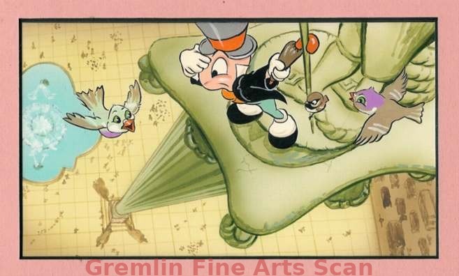 PINOCCHIO 1973 Original watercolor painting depicting Jiminy Cricket atop the Marble Column in Rome. This was used to illustrate Disney’s “Now I know” magazine, JULY 21, 1973 3583-DA $200.00 Matted