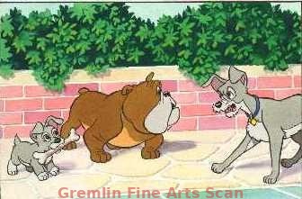 LADY & THE TRAMP 1975 Original Watercolor Painting of Bull Giving his Bone to Lady & Tramp’s Pup while Tramp Misunderstands and Thinks that Bull is Harassing his Baby. Vivid Colors were Used in this Piece Which was Published in the Disney Time Magazine.