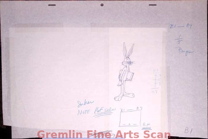 1001 RABBIT TALES 1982 Production Drawing of Bugs. Blue & Black Pencil on 12-Field Paper (Adhered to 16-Field Animation Paper).