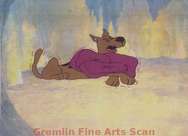THE 13 GHOSTS OF SCOOBY-DOO 1980 Production Cel of Scooby-Doo Shaking in Fear. Presented on a Color Laser Background.