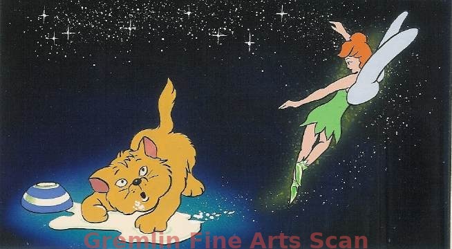 PETER PAN - NOW I KNOW 1972 Original watercolor painting depicting Tinkerbelle appearing to the kitten drinking the spilled milk. Published in Disney’s Now I know, Dec. 16, 1972. Back Cover Art. This artwork is custom matted and ready to frame. 4 x 6 1/2 Inches. 21156-DA $150.00 Matted