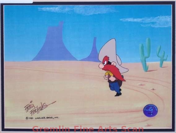 YOSEMITE SAM 1981 Friz Freleng Signed production cel of Yosemite Sam in western garb. He appears to be about to draw his 6-shooters. Presented on a print background of the desert. From the movie “Looney, Looney Bugs Bunny Movie”.