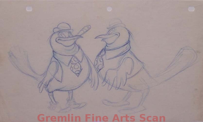 CROWS 1950’S Great Blue Pencil Drawing of Two Crows in Top Hats & Vests. From the Collection of Dave Tendlar While at Famous/Paramount Studios.
