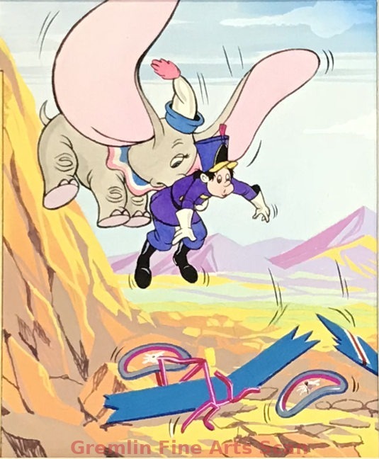 DUMBO'S CIRCUS 1977 Original Watercolor Painting of Dumbo After Rescuing the Acrobat After he Crashed his Flying Bicycle. This Piece was Published in the Disney Time Magazine. This piece is custom matted and ready to frame. Matted to 9 1/4 x 10 1/4 Inches. Matted 10870-DA $200.00