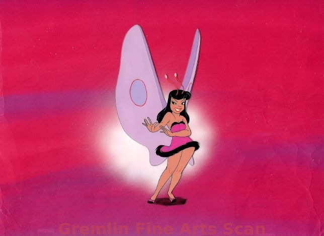 FRED MOORE PIN-UP GIRL    1940’s   Production Cel of One of Freddie Moore’s Pin-Up Girls.  This Butterfly Girl is Trimmed to Outline and Placed on a New Acetate with Airbrushed Effects.  Fred Moore’s Artwork is Highly Collectible.