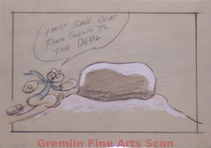 I’LL BE SKIING YA   1947   Popeye Runs to the Giant Rock.  “I Must Save Olive from the Devil!”  Graphite & Crayon with Watercolor on Paper.