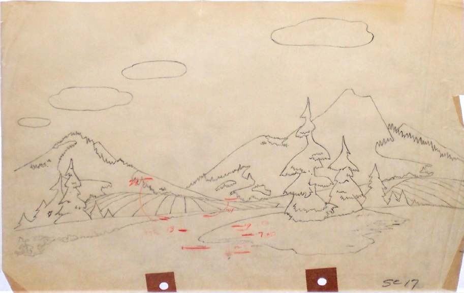 LUMBER JACK RABBIT 1955 Very Rare Background Layout depicting the landscape, fields and mountains in Paul Bunyonland. Drawn on vellum. From the Only 3-D Bugs Bunny Cartoon. Art by Maurice Noble & Philip DeGuard.