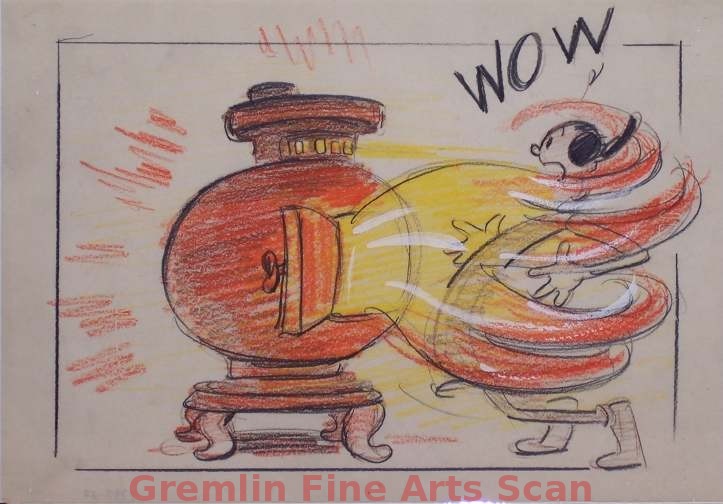 I’LL BE SKIING YA 1947 Bluto Turns into a Pot-Bellied Stove & Wraps His Flames Around Olive. Graphite & Crayon on Paper.
