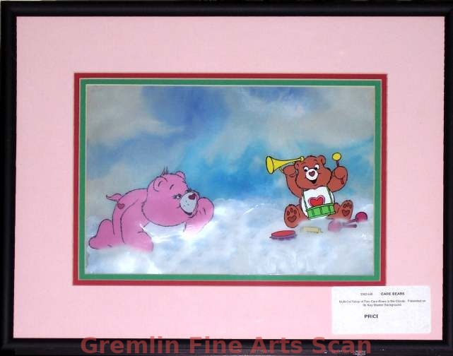 CARE BEARS 1975 Multi-Cel Setup of Two Care Bears in the Clouds. Presented on Its Key Master Background.