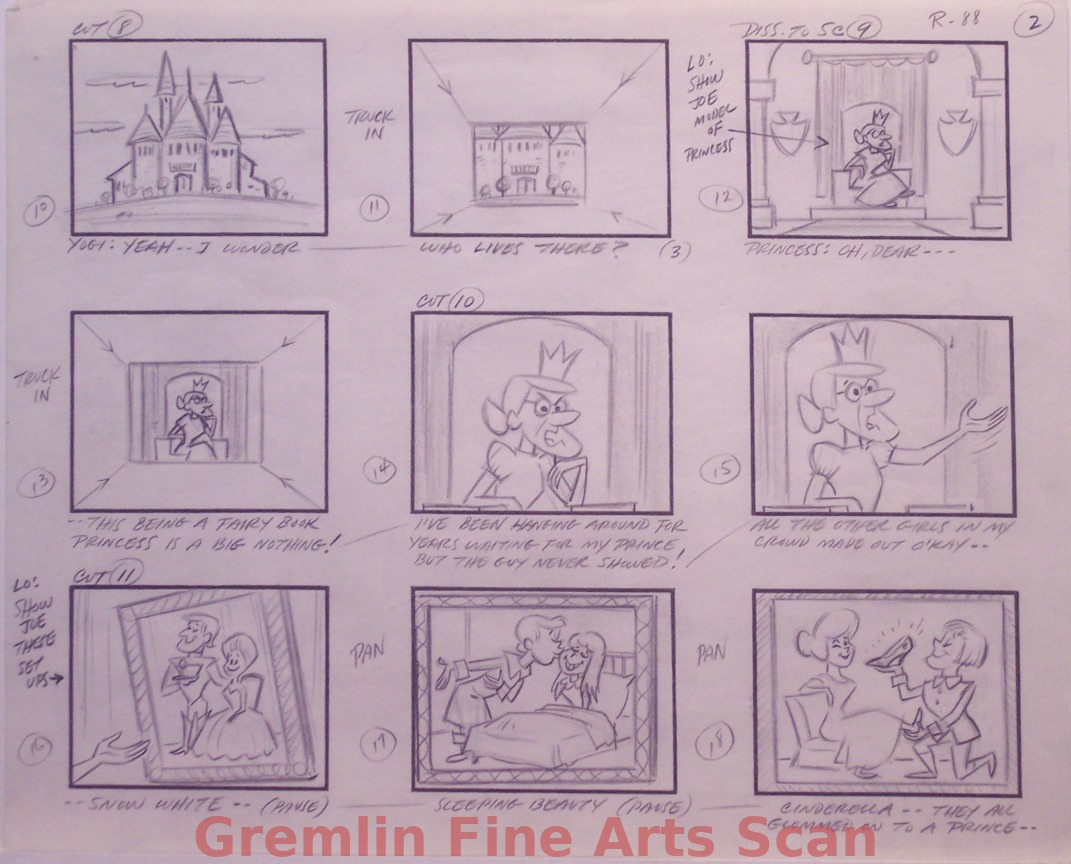 YOGI BEAR 1960s 9 storyboards from an early Yogi Bear Cartoon entitled “Beast Feast”. This cartoon was a spoof on the Beauty and the Beast story. Page 2.