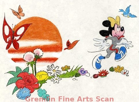 MINNIIE MOUSE RUNS THROUGH THE FLOWERS   1980’s   Original Concept Art Done in Pastels and Ink for Disney Studios Advertising Purposes by Veteran Disney Artist, Mike Royer.  Vivid Color Design is quite apparent in this artwork.  Custom Triple Matted and Framed.