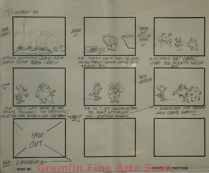 MIGHTY MOUSE - INSTANT FAT   1966   Original Storyboard page consisting of 9 boxes of images with text.  Drawn on Terrytoons Storyboard paper.   Page 17 and the final page of this story.