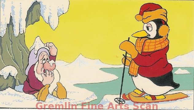 SNEEZY- NOW I KNOW 1972 Original watercolor painting depicting Sneezy as he encounters a penguin on skiis. This was published in Disney’s Now I Know, December 16, 1972. Back cover Art. This artwork is custom matted and ready to frame. 4 x 6 1/2 Inches. 21150-DA $195.00 Matted